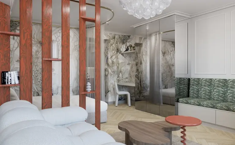 Wnętrze w stylu art deco i tradycyjnym z drewnianą ścianką i zieloną sofą.