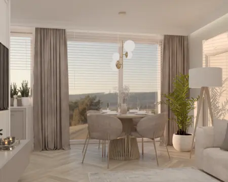 Nowoczesna jadalnia z drewnianym stołem i roślinami w stylu quiet luxury.