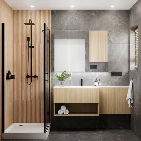 Nowoczesna łazienka z drewnianymi i szarymi elementami, minimalistyczny design