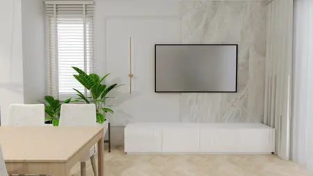 Nowoczesne wnętrze salonu z białymi meblami i roślinami, skandynawski styl.