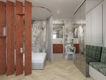 Nowoczesne wnętrze art deco z drewnianą ścianką i zieloną kanapą.