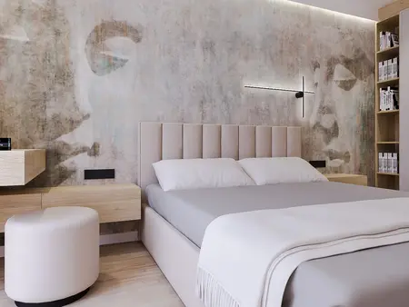 Wnętrze sypialni w stylu japandi z nowoczesnymi elementami quiet luxury.