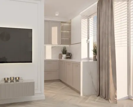 Nowoczesna kuchnia w stylu quiet luxury z beżowymi meblami i białymi akcentami.