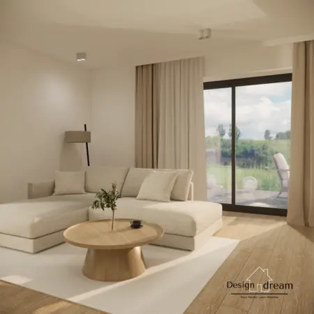 Wnętrze salonu w stylu japandi, minimalistycznym i skandynawskim z beżową sofą.