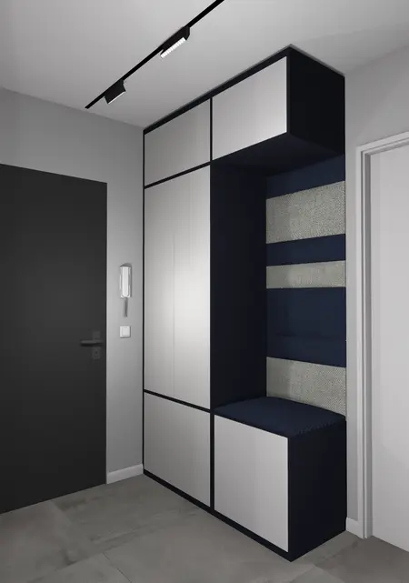 Przedpokój z szafą w stylu minimalistycznym i industrialnym