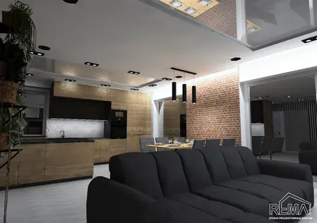 Wnętrze kuchni z industrialnymi i skandynawskimi akcentami, drewniane meble, minimalistyczny styl.
