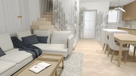Wnętrze nowoczesnego salonu z białymi meblami, skandynawskim akcentem i minimalistycznym oświetleniem.