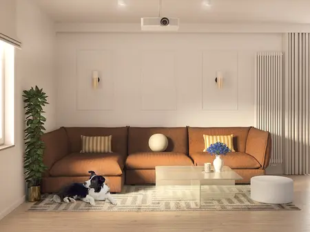 Nowoczesny salon z brązową sofą, rośliną i przezroczystym stolikiem. Styl minimalistyczny, tradycyjny.