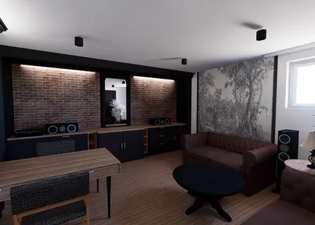 Wnętrze salonu w stylu industrialnym z ceglaną ścianą i drewnianymi meblami.