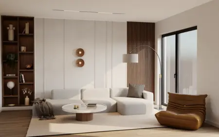 Wnętrze salonu w stylu minimalistycznym z jasnymi meblami i drewnianymi detalami