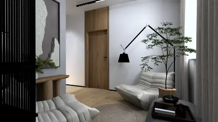Wnętrze nowoczesnego pokoju z drewnianymi meblami, rośliną i minimalistycznym designem.