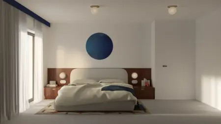 Wnętrze sypialni z minimalistycznym designem, dopaminowym wystrojem i współczesnymi detalami.