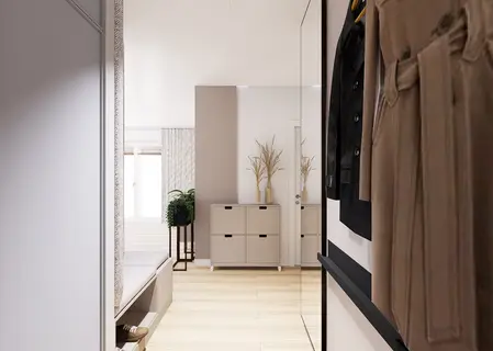 Przedpokój z minimalistycznymi meblami i roślinami, styl skandynawski, nowoczesny