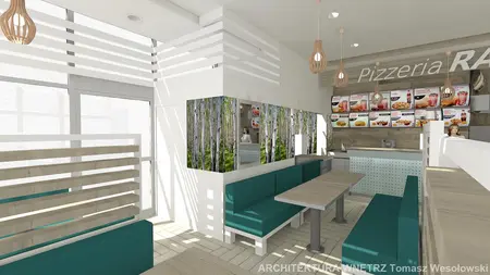 Wnętrze pizzerii z zielonymi kanapami i drewnianym stołem, nowoczesny design.