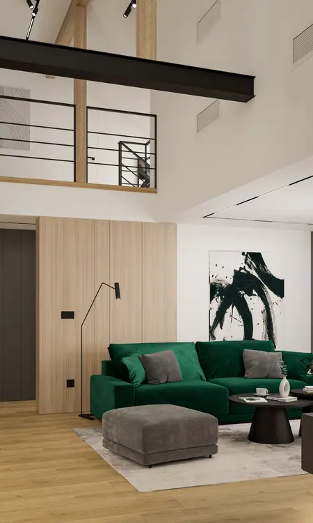 Wnętrze salonu z minimalistycznym designem, zielona sofa, drewniane elementy.