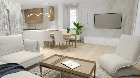 Wnętrze salonu z nowoczesnym wystrojem, quiet luxury, skandynawskim akcentem i soft minimalizmem.
