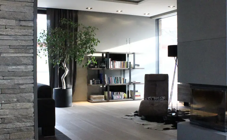 Wnętrze salonu z minimalistycznym designem, nowoczesnym kominkiem i roślinnością.