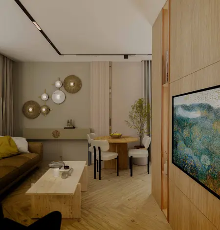 Wnętrze salonu w stylu boho, nowoczesnym i skandynawskim z drewnianymi meblami.