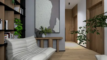 Przedpokój z nowoczesnym designem, drewniane meble i rośliny