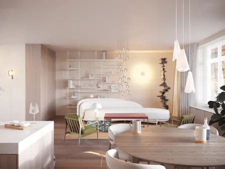 Wnętrze salonu w stylu eklektycznym, minimalistycznym, nowoczesnym i skandynawskim z białą sofą.