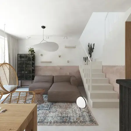Wnętrze salonu w stylu boho i japandi z brązową sofą i roślinami.