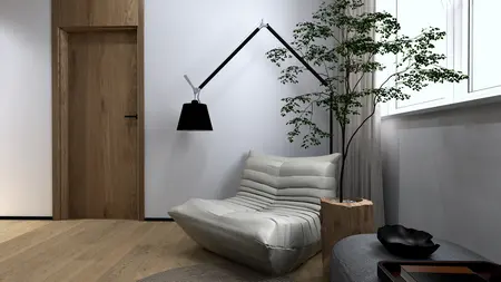 Wnętrze nowoczesnego salonu z kanapą i rośliną