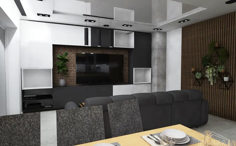 Wnętrze salonu w stylu industrialnym z roślinami i minimalistycznym wykończeniem.