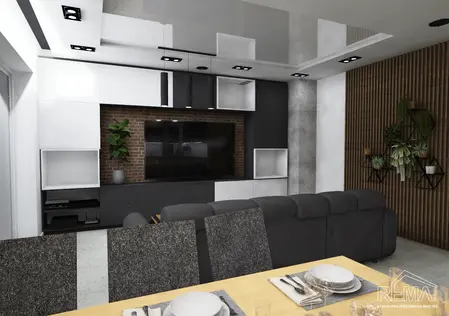 Wnętrze salonu w stylu industrialnym z roślinami i minimalistycznym wykończeniem.
