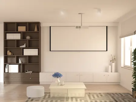 Minimalistyczny salon z nowoczesnymi meblami i tradycyjnymi akcentami.