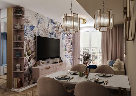 Wnętrze jadalni z różowymi meblami i kwiecistą tapetą w stylu glamour i nowoczesnym.