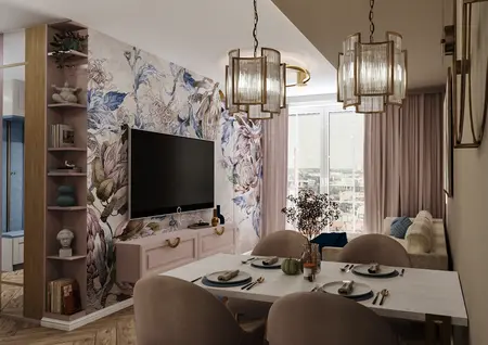 Wnętrze jadalni z różowymi meblami i kwiecistą tapetą w stylu glamour i nowoczesnym.