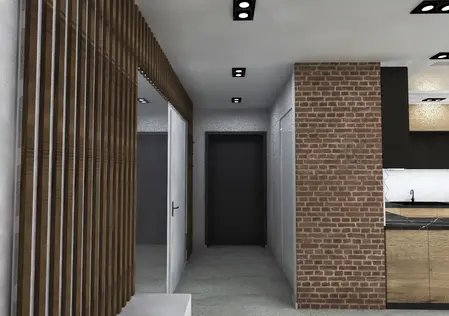 Nowoczesny przedpokój z elementami industrialnymi, japandi i minimalistycznymi.