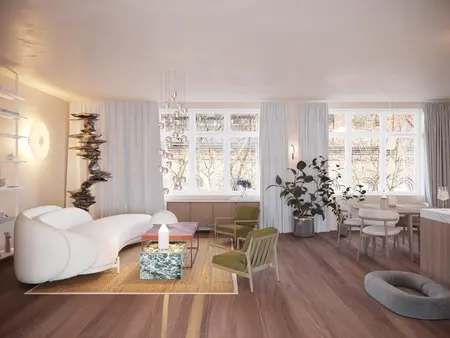 Wnętrze salonu w stylu eklektycznym i minimalistycznym z nowoczesnymi akcentami.