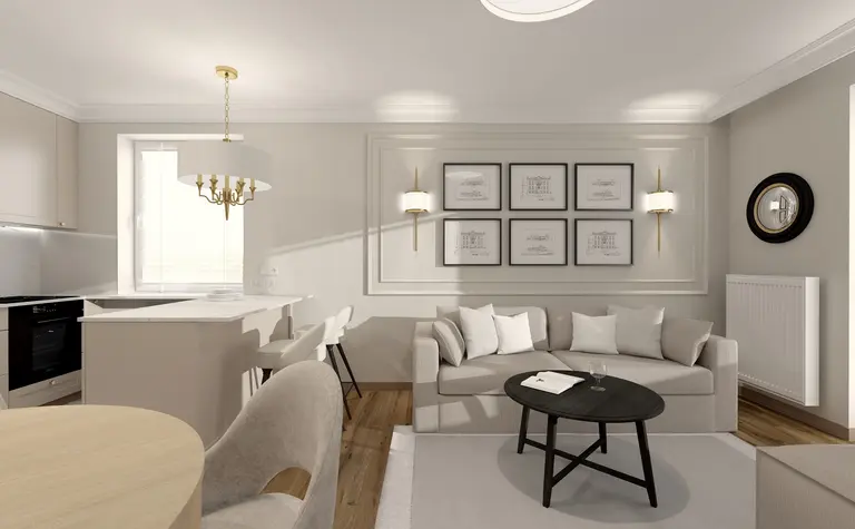 Salon w stylu tradycyjnym z szarymi meblami, drewnianą podłogą i eleganckim oświetleniem.