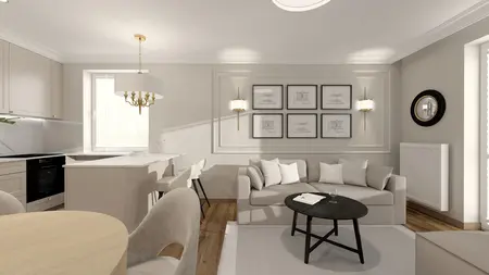 Salon w stylu tradycyjnym z szarymi meblami, drewnianą podłogą i eleganckim oświetleniem.