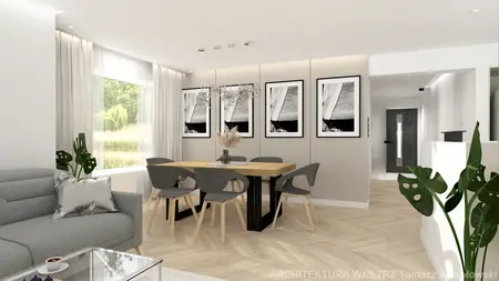 Wnętrze jadalni z drewnianym stołem, szarymi krzesłami i roślinnością, styl minimalistyczny