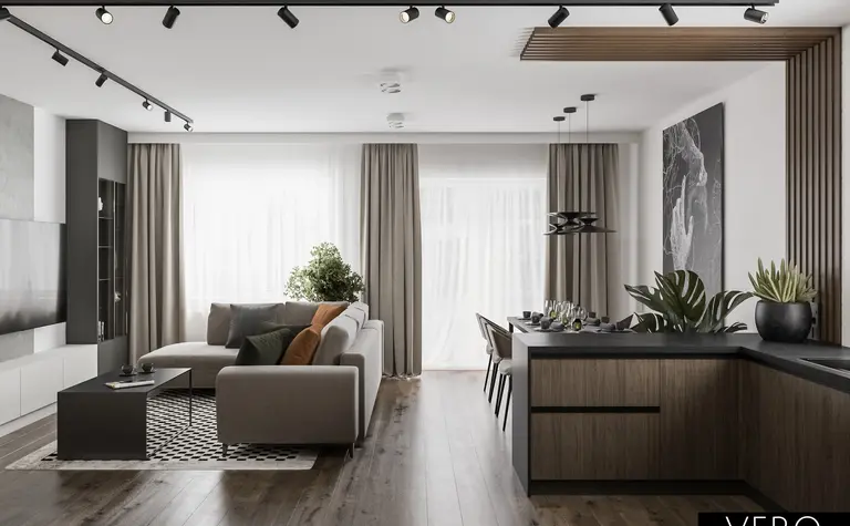 Wnętrze salonu z minimalistycznym wystrojem, nowoczesne meble, drewniane akcenty.