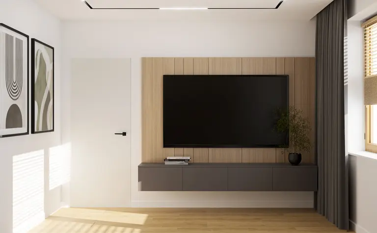 Wnętrze salonu z telewizorem, drewnianą ścianą i minimalistycznymi dekoracjami.