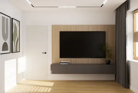 Wnętrze salonu z telewizorem, drewnianą ścianą i minimalistycznymi dekoracjami.