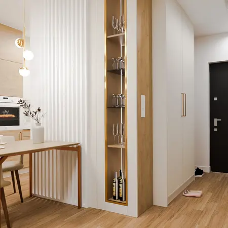 Stylowa jadalnia z drewnianym stołem, białymi meblami i eleganckim oświetleniem, quiet luxury.