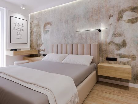 Sypialnia w stylu japandi z nowoczesnym łóżkiem i dekoracją quiet luxury.