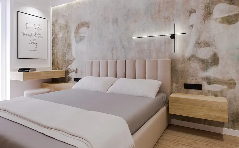 Sypialnia w stylu japandi z nowoczesnym łóżkiem i dekoracją quiet luxury.