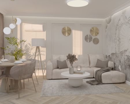 Nowoczesny salon w stylu quiet luxury z jasnym wypoczynkiem i drewnianymi akcentami.