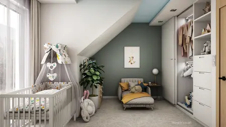 Pokój dla dzieci z łóżeczkiem, rośliną i szafą, nowoczesny design.