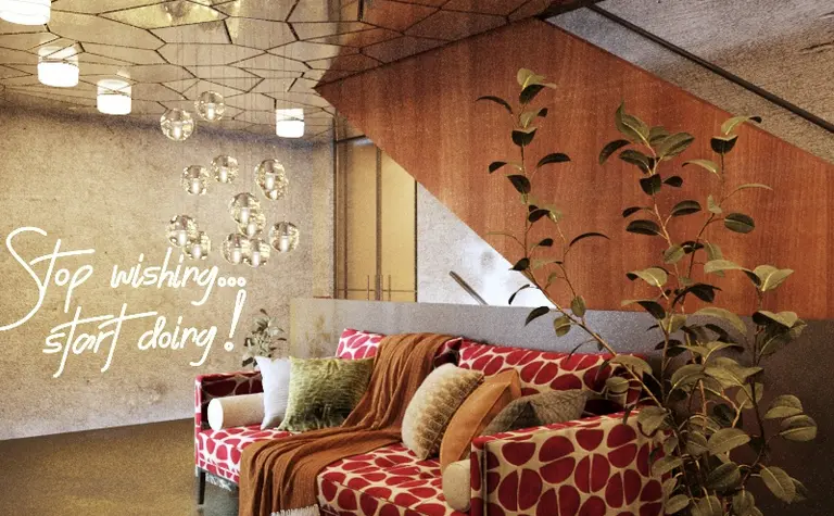 Wnętrze salonu z art deco, kolorową sofą i roślinami.
