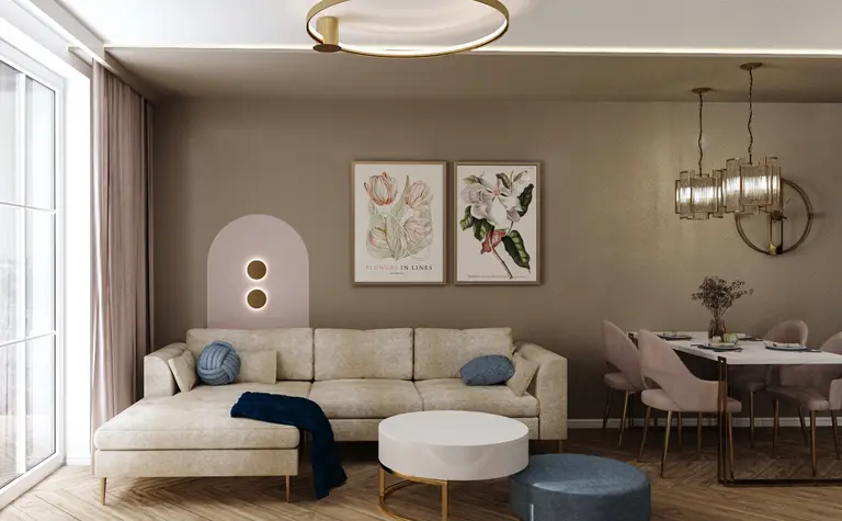 Wnętrze salonu w stylu glamour z nowoczesnymi meblami