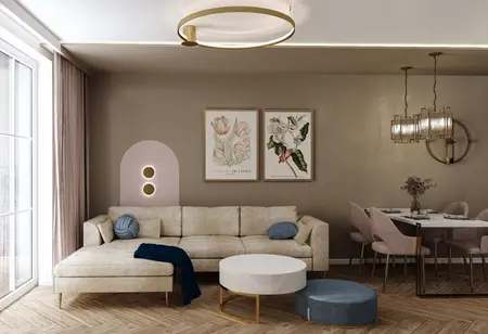 Wnętrze salonu w stylu glamour z nowoczesnymi meblami