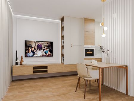 Wnętrze z drewnianymi meblami i telewizorem w stylu quiet luxury