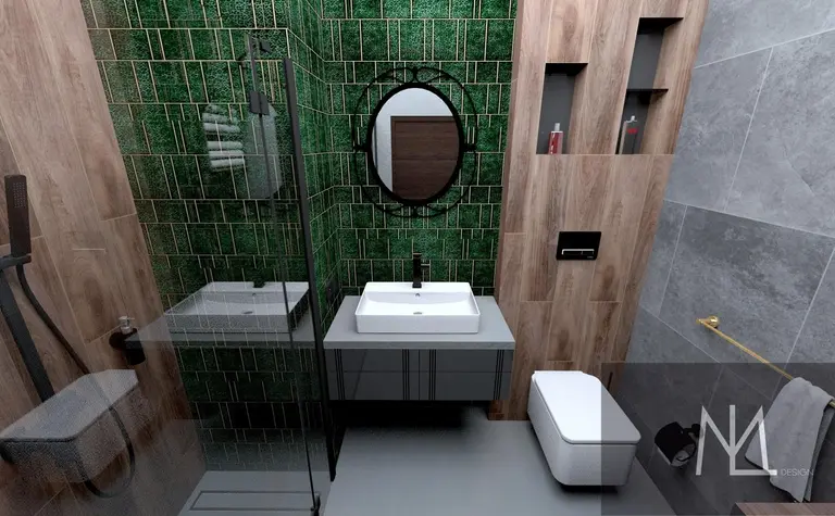 Łazienka w stylu art deco z zielonymi kafelkami i drewnem