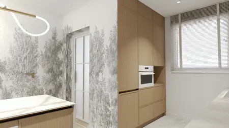 Kuchnia w stylu nowoczesnym z drewnianymi meblami, skandynawskim wykończeniem i minimalistycznym designem.